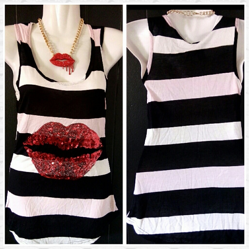 Lips Tank sequin,stripes black and white size S